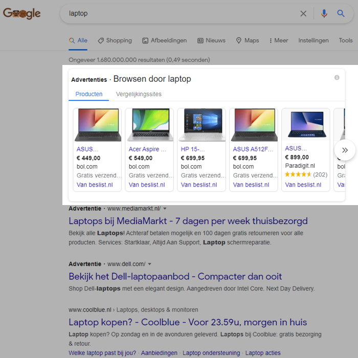 Google Shopping resultaten Google Shopping resultaten voor laptop
