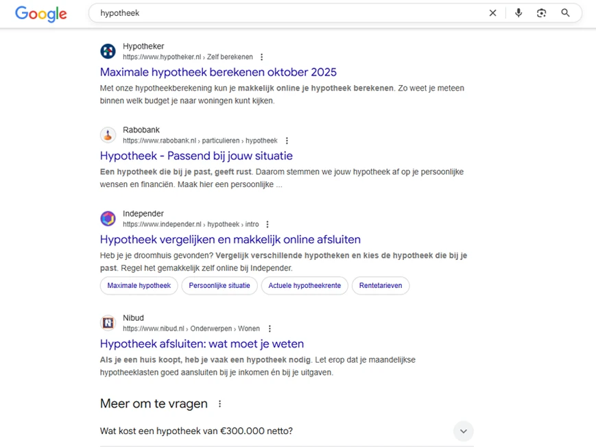 De zoekintentie in de zoekresultaten voor 'hypotheek'