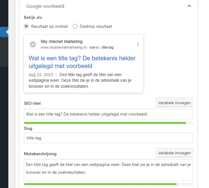De title tag in Yoast SEO wordt SEO-titel genoemd De title tag in Yoast SEO wordt SEO-titel genoemd