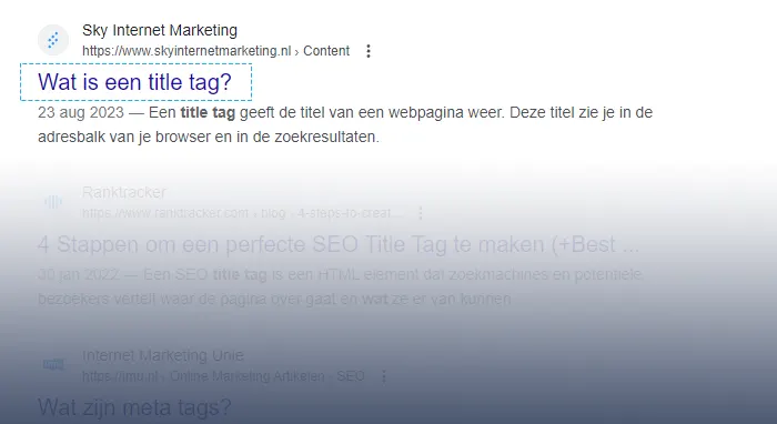 De blauwe klikbare link is de pagina titel Wat is een title tag voorbeeld